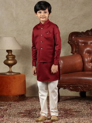 Бордовый хлопко-шёлковый национальный костюм для мальчика