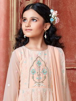 Персиковый индийское национальное длинное платье / анаркали / костюм для девочки из креп-жоржета с длинными рукавами