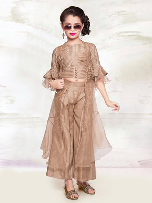 Коричневый индийское национальное платье / костюм для девочки из хлопка с шёлком с короткими рукавами с пайетками