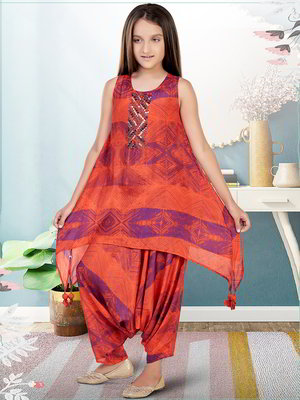 Рыже-оранжевый индийское национальное платье / костюм для девочки из креп-жоржета без рукавов с бисером, пайетками, кусочками зеркалец