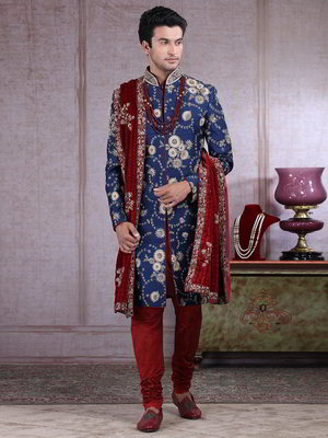 Тёмно-синий индийский мужской костюм из шёлка-сырца