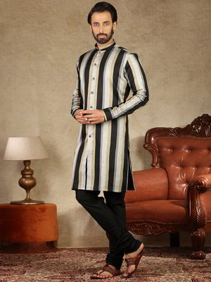 Чёрный и золотой хлопко-шёлковый индийский национальный мужской костюм