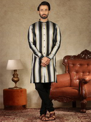 Чёрный и золотой хлопко-шёлковый индийский национальный мужской костюм