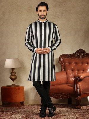 Чёрный и серый хлопко-шёлковый индийский национальный мужской костюм