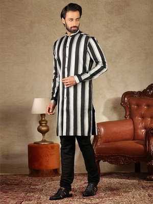 Чёрный и серый хлопко-шёлковый индийский национальный мужской костюм