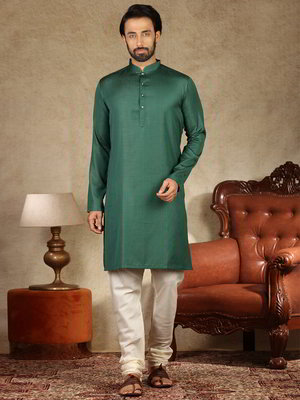 Тёмно-зелёный хлопковый индийский национальный мужской костюм