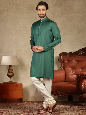 Тёмно-зелёный хлопковый индийский национальный мужской костюм