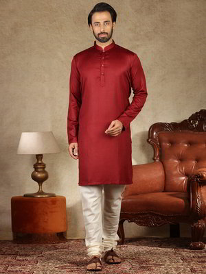 Бордовый хлопковый индийский национальный мужской костюм, украшенный печатным рисунком