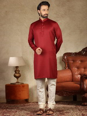 Бордовый хлопковый индийский национальный мужской костюм, украшенный печатным рисунком