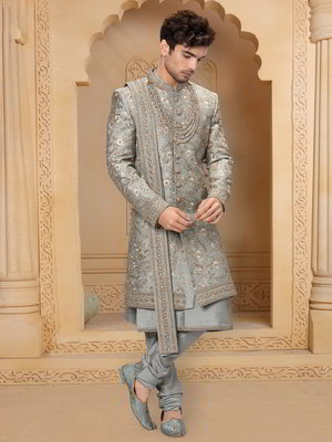 Оливковый индийский свадебный мужской костюм из шёлка-сырца