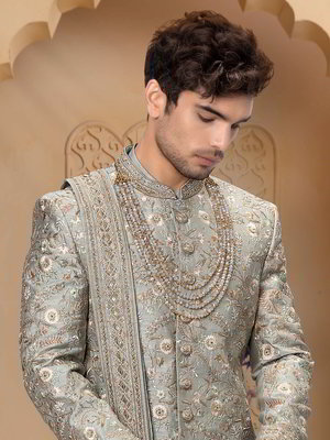 Оливковый индийский свадебный мужской костюм из шёлка-сырца