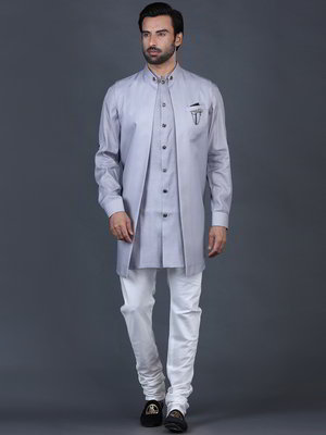Серый хлопко-шёлковый национальный мужской костюм с жилетом