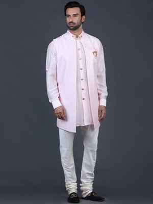 Розовый хлопко-шёлковый национальный мужской костюм с жилетом