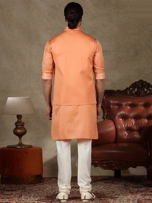 Оранжевый национальный мужской костюм с жилетом из хлопка с шёлком