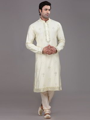 Лимонно-жёлтый шёлковый индийский национальный мужской костюм