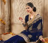 *Тёмно-синее современное индийское сари из креп-жоржета со стразами