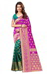 *Зелёное и розовое шёлковое, жаккардовое атласное интересное оригинальное красивое индийское сари