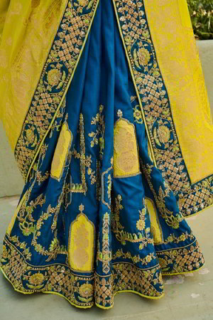 Жёлтое и синее хлопко-шёлковое индийское сари