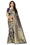 *Тёмно-синее интересное оригинальное красивое индийское сари из шёлка, жаккардовой ткани и атласа