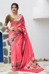 *Персиковое шёлковое и жаккардовое оригинальное красивое индийское сари, украшенное вышивкой