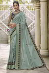 *Светло-зелёное интересное красивое современное индийское сари из креп-жоржета и атласа, украшенное вышивкой