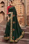 *Тёмно-зелёное интересное красивое современное индийское сари из креп-жоржета и атласа, украшенное вышивкой