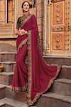 *Розовое и цвета фуксии интересное красивое современное индийское сари из креп-жоржета и атласа, украшенное вышивкой
