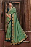 *Светло-зелёное интересное красивое современное индийское сари из креп-жоржета и атласа, украшенное вышивкой