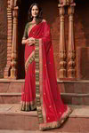 *Красное интересное красивое современное индийское сари из креп-жоржета и атласа, украшенное вышивкой