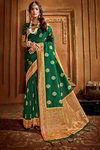 *Зелёное шёлковое и жаккардовое оригинальное красивое индийское сари