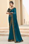 *Аквамариновое и синее интересное красивое современное индийское сари из креп-жоржета и атласа, украшенное вышивкой