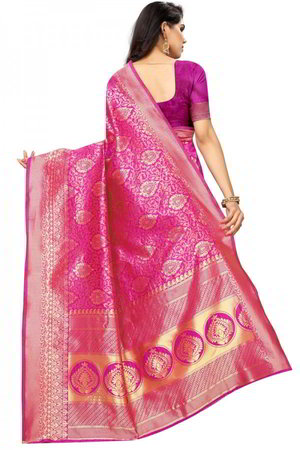 Розовое и цвета фуксии шёлковое, жаккардовое и атласное индийское сари