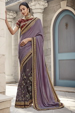 Фиолетовое индийское сари из креп-жоржета и атласа, украшенное вышивкой