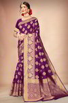 *Фиолетовое шёлковое и жаккардовое оригинальное красивое индийское сари