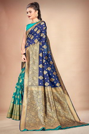 Тёмно-синее индийское сари из шёлка и жаккардовой ткани