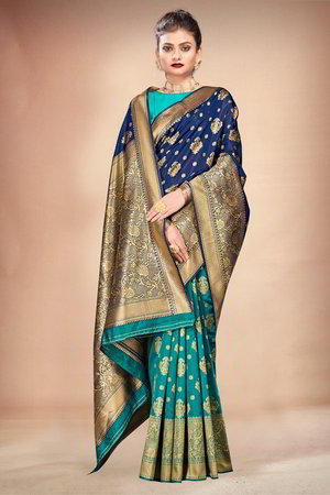 Тёмно-синее индийское сари из шёлка и жаккардовой ткани