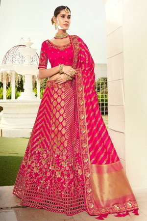 Розовый и цвета фуксии жаккардовый и шёлковый индийский женский свадебный костюм лехенга (ленга) чоли, украшенный вышивкой