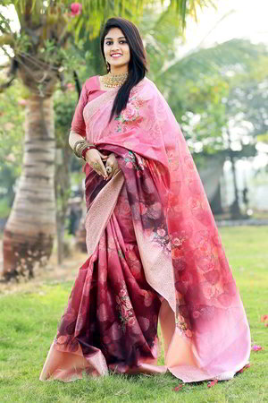 Разноцветное индийское сари из жаккардовой ткани и шёлка