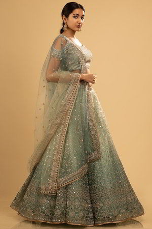 Зелёный индийский женский свадебный костюм лехенга (ленга) чоли из шёлка и фатина, украшенный вышивкой со стразами, кусочками зеркалец