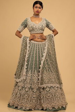 Серо-зелёный национальный индийский женский костюм лехенга (ленга) чоли
