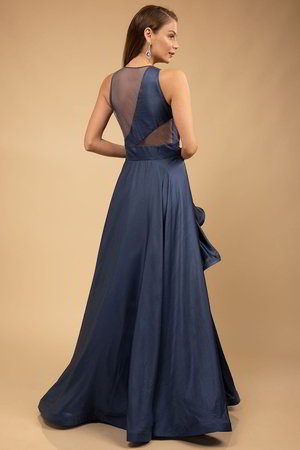 Синее атласное платье / костюм без рукавов, украшенное аппликацией со стразами, бисером, пайетками