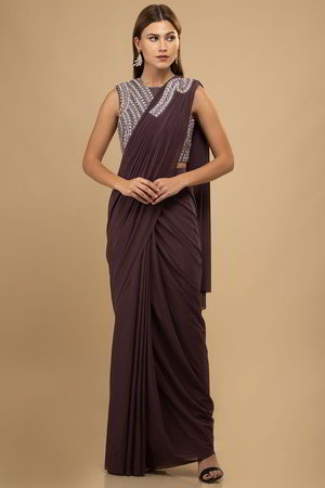 Фиолетовое индийское сари из лайкры и фатина, украшенное вышивкой со стразами, бисером, пайетками