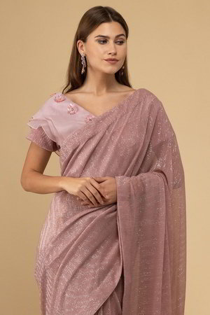 Розовое индийское сари из лайкры, украшенное вышивкой с бисером, пайетками