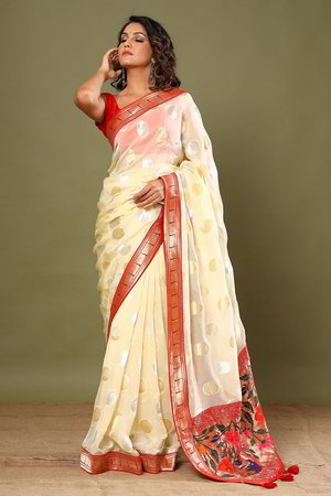 Разноцветное, кремовое, золотое и красное индийское сари из органзы и шёлка, украшенное вышивкой люрексом