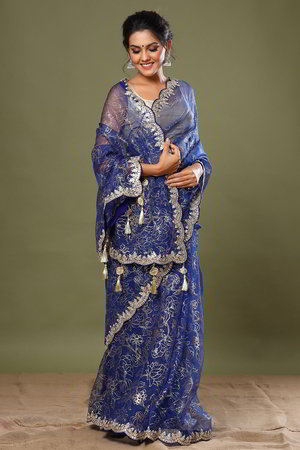 Золотое и синее индийское сари из органзы, украшенное печатным рисунком, вышивкой с аппликацией с перламутровыми бусинками
