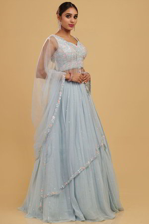 Синий индийский женский свадебный костюм лехенга (ленга) чоли из креп-жоржета и шёлка-сырца без рукавов, украшенный вышивкой