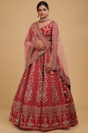 Красный национальный индийский женский свадебный костюм лехенга (ленга) чоли с рукавами до локтя, украшенный вышивкой с пайетками, бисером и стразами