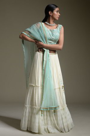Цвета морской волны и белый индийский женский свадебный костюм лехенга (ленга) чоли из креп-жоржета и крепа без рукавов, украшенный вышивкой люрексом с пайетками