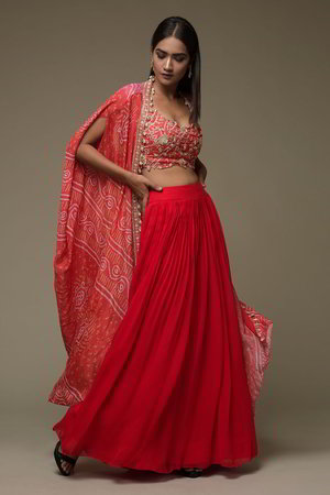 Оранжевый, розовый и красный индийский женский свадебный костюм лехенга (ленга) чоли из креп-жоржета, крепа и шёлка без рукавов, украшенный вышивкой