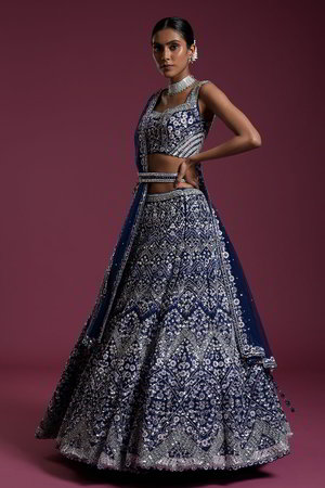 Синий индийский женский свадебный костюм лехенга (ленга) чоли из органзы без рукавов, украшенный вышивкой